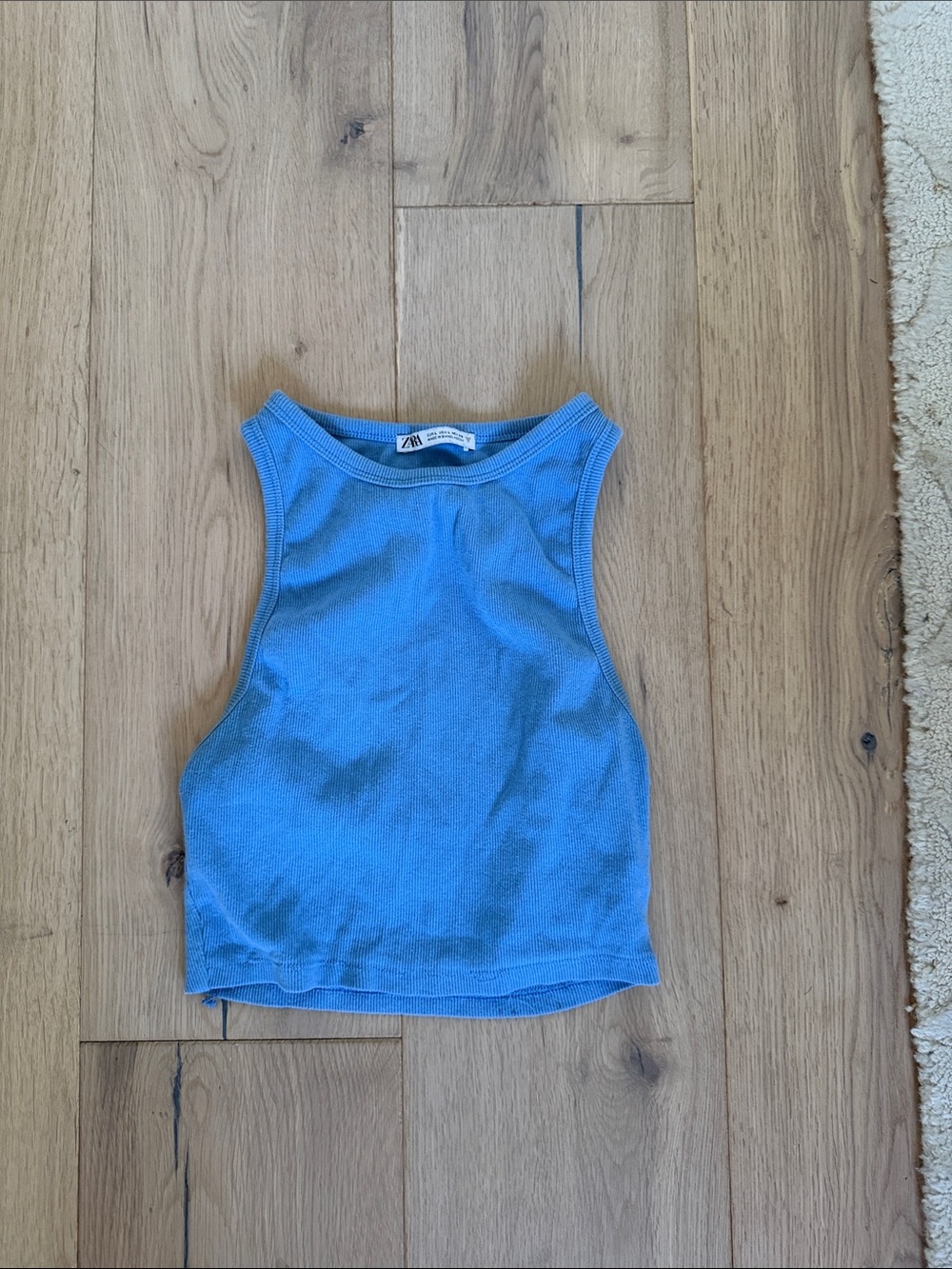 Zara Sky Blue Ribbed High-Neck Crop Tank